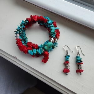 Vintage Turquoise & Red Jasper Wrap Coil Bracelet/Earring Set